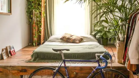 Dormitorio sereno con plantas colgantes sobre la cama