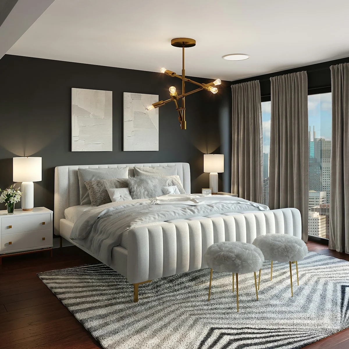 Dormitorio pequeño minimalista con ropa de cama blanca y tonos neutros