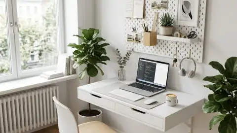 Escritorio compacto de pared en un rincón del salón