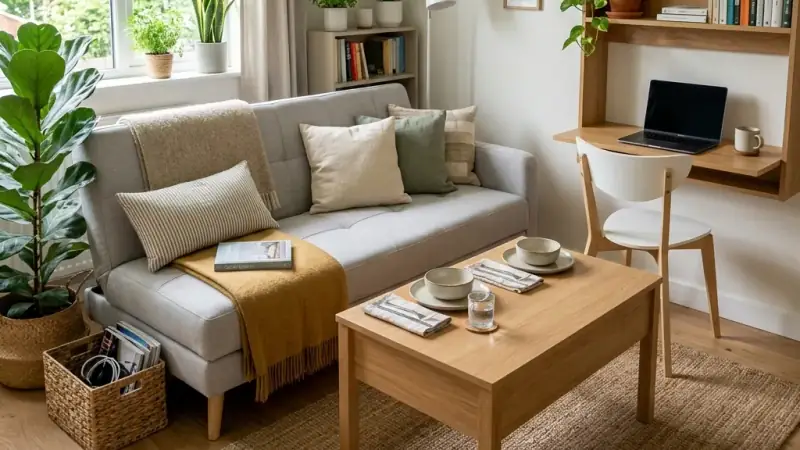 Mesa de comedor plegable de madera en un salón pequeño