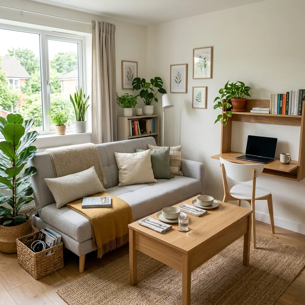 Mesa de comedor plegable de madera en un salón pequeño