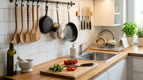 Armario de cocina organizado con botes de cristal transparentes y etiquetas estilo escandinavo funcional