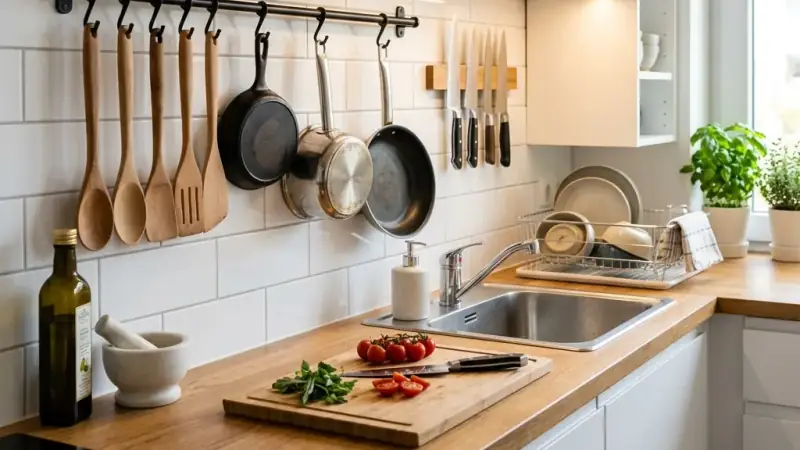 Armario de cocina organizado con botes de cristal transparentes y etiquetas estilo escandinavo funcional