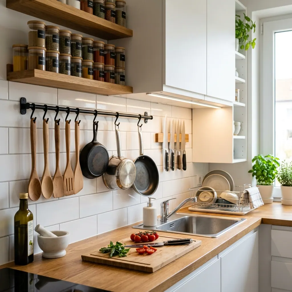 Organización de cocina pequeña con ganchos y estantes inteligentes para maximizar el espacio