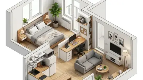 Estudio pequeño con separación visual elegante entre la zona del salón y la cama