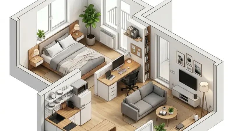 Estudio pequeño con separación visual elegante entre la zona del salón y la cama
