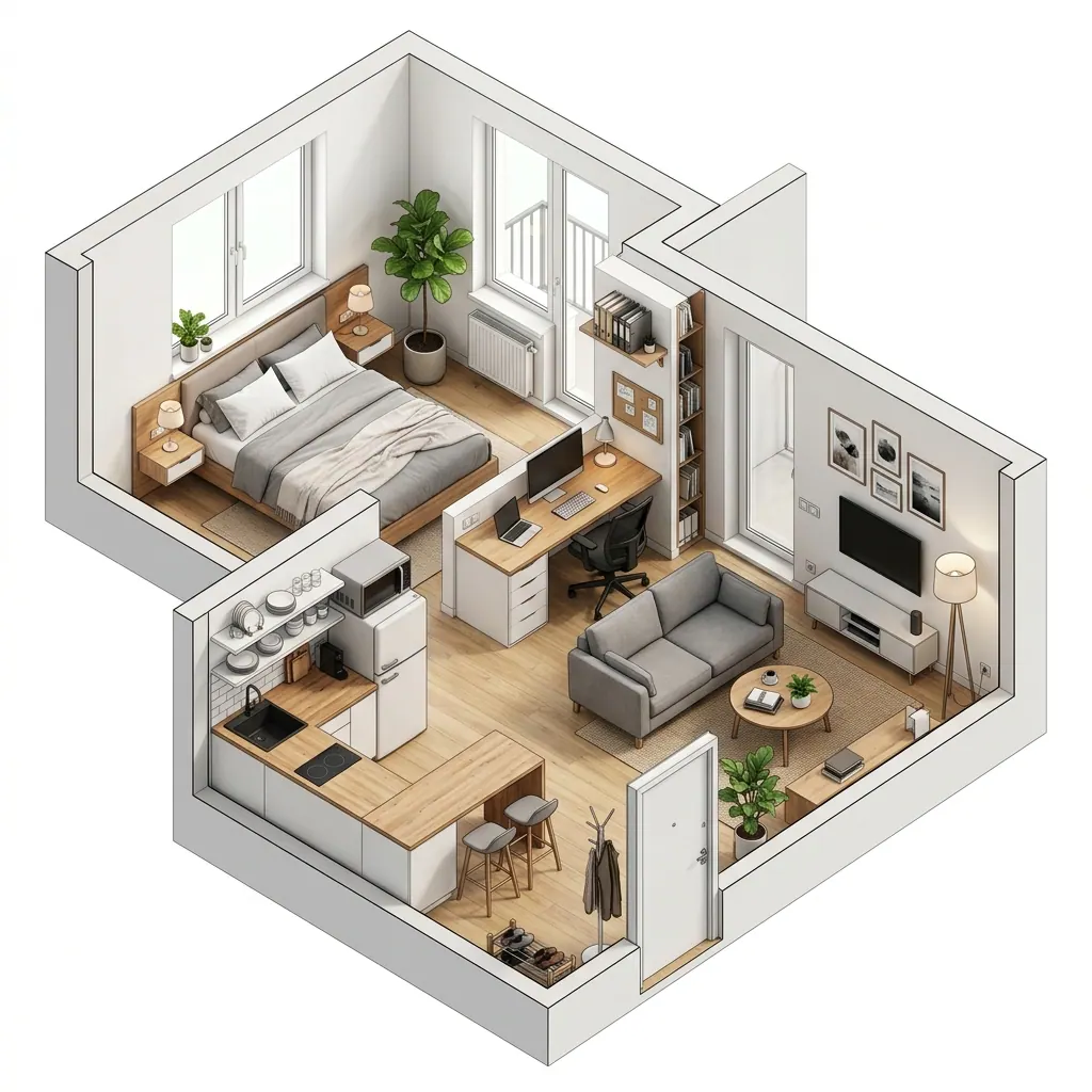 Estudio pequeño con separación visual elegante entre la zona del salón y la cama