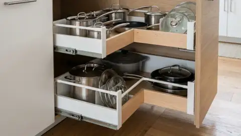 Armario bajo lavabo perfectamente organizado con cajones y cajas estilo escandinavo funcional