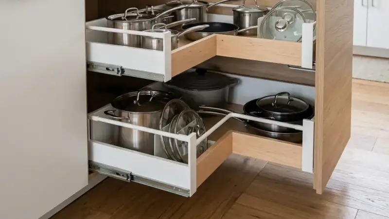 Armario bajo lavabo perfectamente organizado con cajones y cajas estilo escandinavo funcional