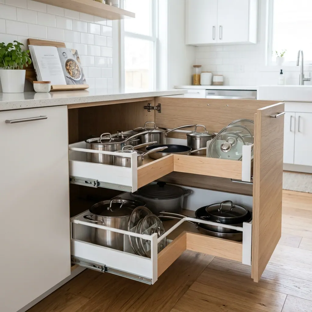 Armario bajo lavabo perfectamente organizado con cajones y cajas estilo escandinavo funcional