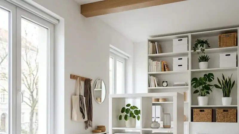 Solución de almacenaje vertical estilo escandinavo funcional con estantes minimalistas y organización eficiente