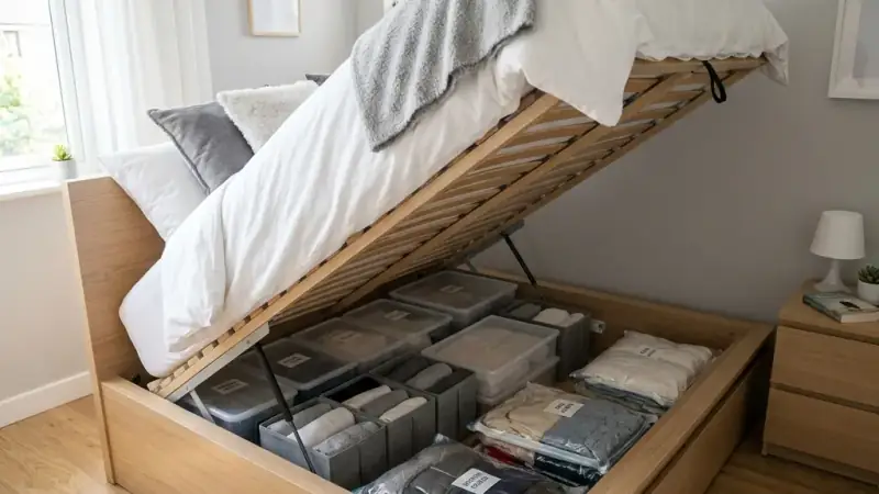 Dormitorio pequeño optimizado con cama canapé estilo escandinavo funcional