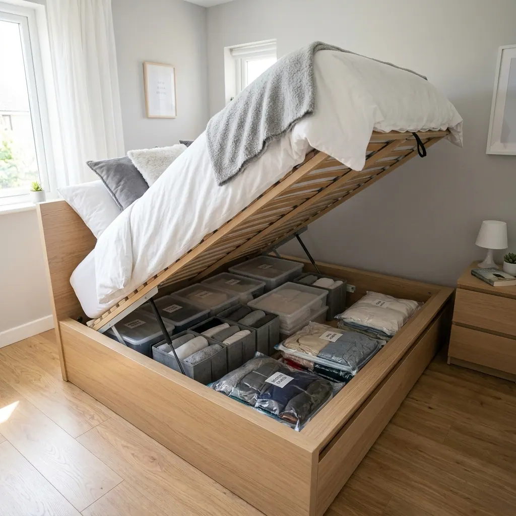 Dormitorio pequeño optimizado con cama canapé estilo escandinavo funcional