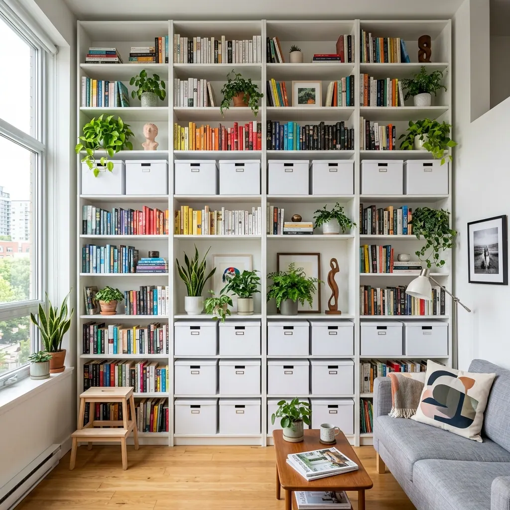Estantería abierta de madera separando la zona del salón del dormitorio en un estudio